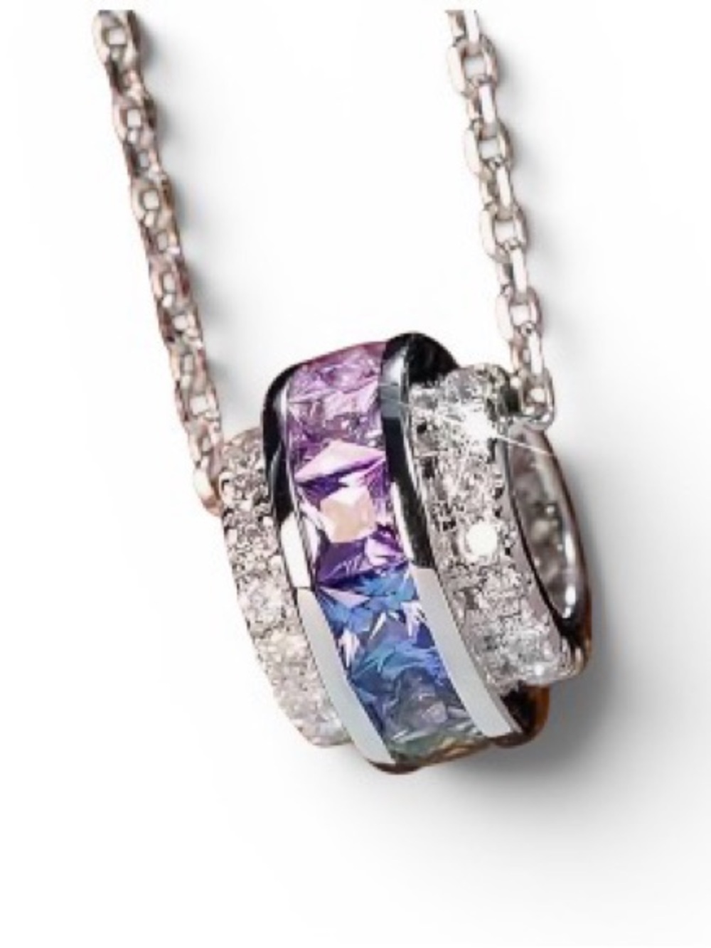 Multi-Color Ring Silver Pendant Necklace with Purple/Blue/Pink Cubic Zirconias